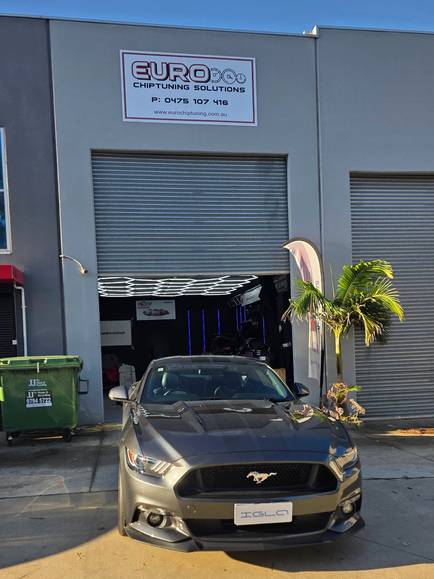 Ford Mustang GT outside the Euro Chiptuning Solutions Tullamarine workshop at night
